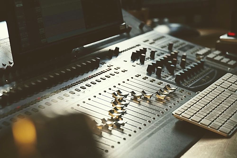 Mixing console in Studio 3 for podcast recording and audio post